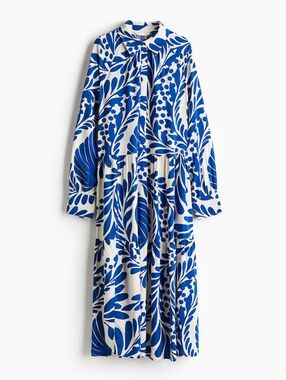 H&M Blue Cream White Ruffle Collar Midi Dress